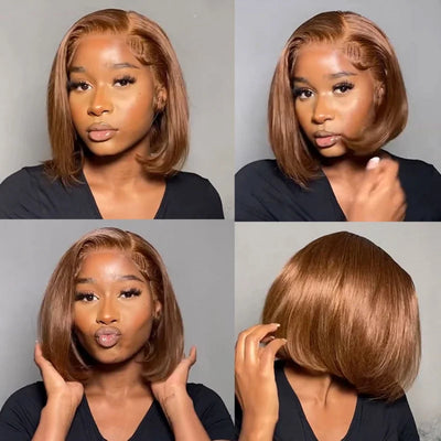 200% 13x6 Short Brown Wigs Silky Straight Hair Invisible HD Lace Front Bob Wigs #4 Chocolate Brown Blunt Cut Straight Bob Wigs