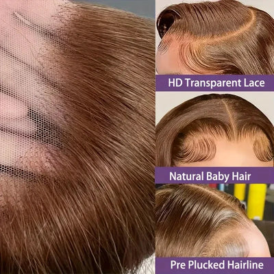 200% 13x6 Short Brown Wigs Silky Straight Hair Invisible HD Lace Front Bob Wigs #4 Chocolate Brown Blunt Cut Straight Bob Wigs