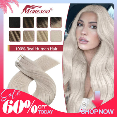 Moresoo Tape in Hair Extensions Balayage Remy Real Human Hair for Women Invisible Seamless PU Skin Weft Straight Hair Tape ins