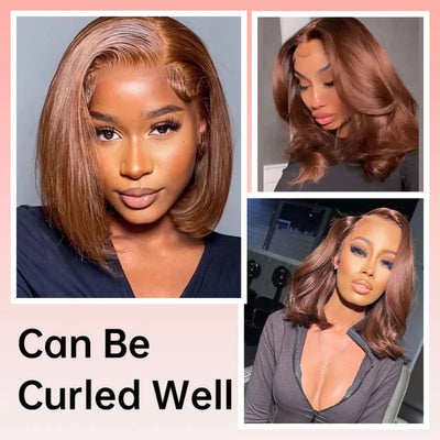 200% 13x6 Short Brown Wigs Silky Straight Hair Invisible HD Lace Front Bob Wigs #4 Chocolate Brown Blunt Cut Straight Bob Wigs