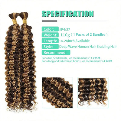 4/27 Highlight Deep Wave Hair Bundles No Weft for Boho Braids 100% Human Hair Extension Bundles Braiding Brazilian Hair Human