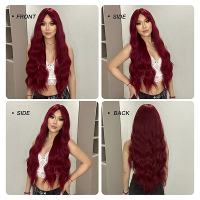 Long Curly Wine Burgundy Red Synthetic Wigs with Long Bangs for Women Afro Deep Wave Cosplay Party Natural Hair Heat Reisitant