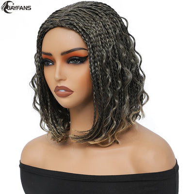 12”Braided Wigs for Black Women Heat Resistant Soft Short Bob Box Braided Wig Half Curly African American Braided Wigs Daily Use