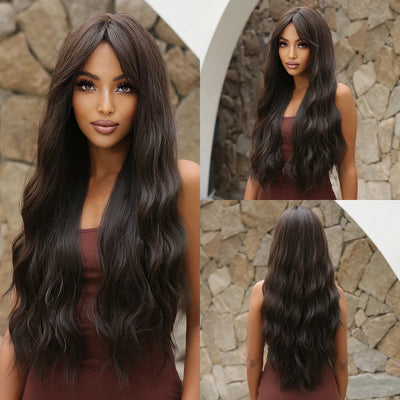 Long Curly Wine Burgundy Red Synthetic Wigs with Long Bangs for Women Afro Deep Wave Cosplay Party Natural Hair Heat Reisitant