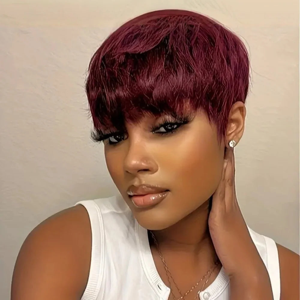 6-Inch Burgundy Pixie Cut Human Hair Wig with Bangs