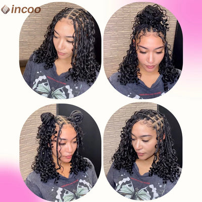 Synthetic 12Inch Short Bob Box Braided Wigs For Women Boho Knotless Box Braids With Curly Hair End Red Blonde Cornrows Braid Wig