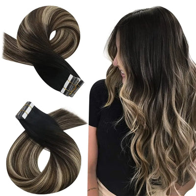 Moresoo Tape in Hair Extensions Balayage Remy Real Human Hair for Women Invisible Seamless PU Skin Weft Straight Hair Tape ins