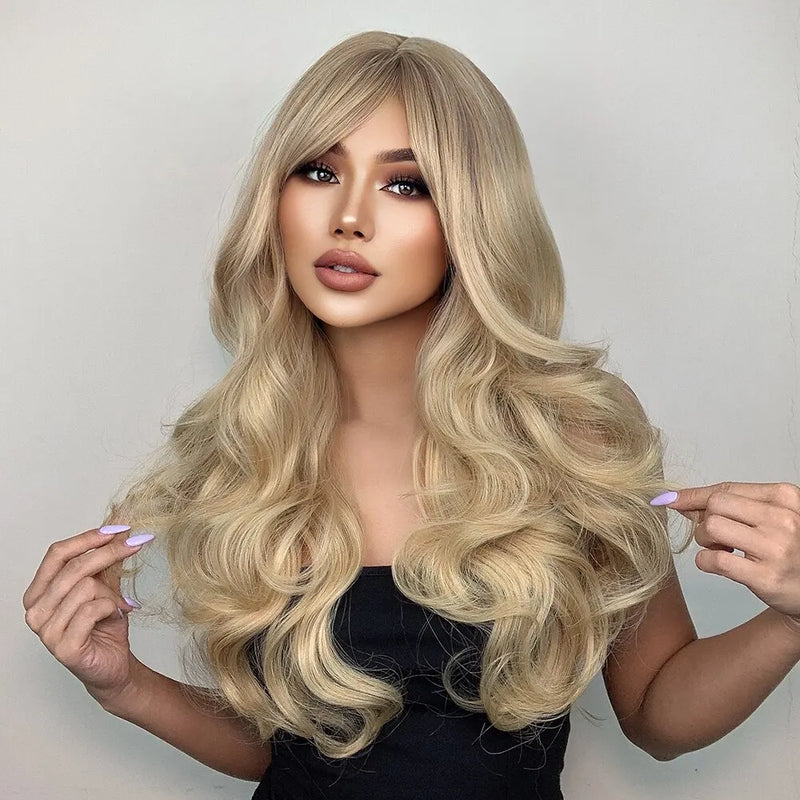 Natural Blonde Yellow Long Wavy Synthetic Hair Wigs