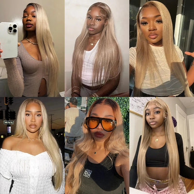 Brown Root Ash Blonde Straight 13X4 13x6 Lace Frontal Human Hair Wigs Transparent Lace 180 Density Ombre Blonde 5x5 Lace Closure