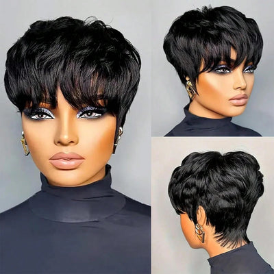 Short Bob Wig ForWomen Pixie Cut Wigs Glueless Wig None Lace Front Wig With Bangs Natural Black Straight Synthetic Wig