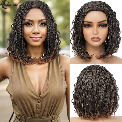 12”Braided Wigs for Black Women Heat Resistant Soft Short Bob Box Braided Wig Half Curly African American Braided Wigs Daily Use