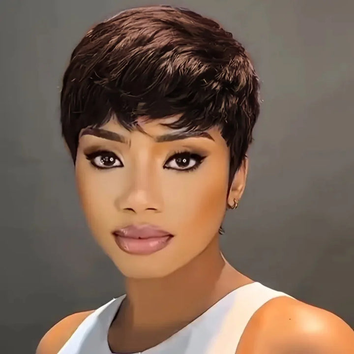 6-Inch Burgundy Pixie Cut Human Hair Wig with Bangs