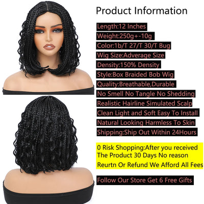 12”Braided Wigs for Black Women Heat Resistant Soft Short Bob Box Braided Wig Half Curly African American Braided Wigs Daily Use