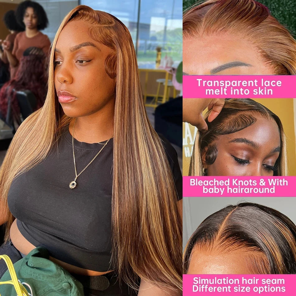 WIGIRL 30 38Inch Bone Straight Ombre 13x4 HD Lace Front Wig Brazilian 4/27 13x6 Highlight Human Hair Lace Frontal Wigs For Women