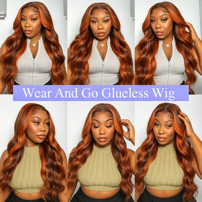 10A Ginger Brown Highlight Body Wave Lace Front Closure Wigs Human Hair 5x5 Pre-cut Lace Glueless Wig Ombre Ginger Orange #4/350