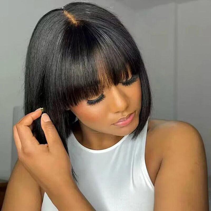Short Bob 3x1 Lace Scalp Wigs With Bangs 180% Density Short Straight Fringe Wigs For Black Women Brazilian Remy Human Hair