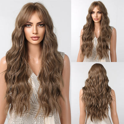 Long Curly Wine Burgundy Red Synthetic Wigs with Long Bangs for Women Afro Deep Wave Cosplay Party Natural Hair Heat Reisitant