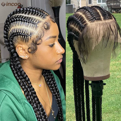Synthetic Cornrow Braided Wigs Jumbo Full Lace Pigtails Wigs For Women Girls 20Inch Knotless Box Braided Lace Wig With Baby Hair