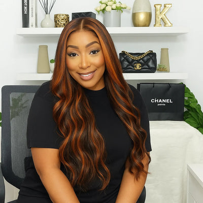 10A Ginger Brown Highlight Body Wave Lace Front Closure Wigs Human Hair 5x5 Pre-cut Lace Glueless Wig Ombre Ginger Orange #4/350