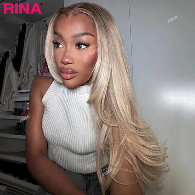 Brown Root Ash Blonde Straight 13X4 13x6 Lace Frontal Human Hair Wigs Transparent Lace 180 Density Ombre Blonde 5x5 Lace Closure