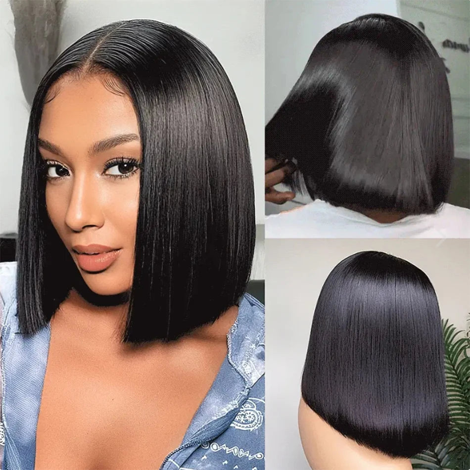 Double Drawn Blunt Cut Straight Glueless Wig Pre Cut 13x4 HD Lace Frontal Wig Ready To Go Human Hair Wig Pre Cut Pre Plucked