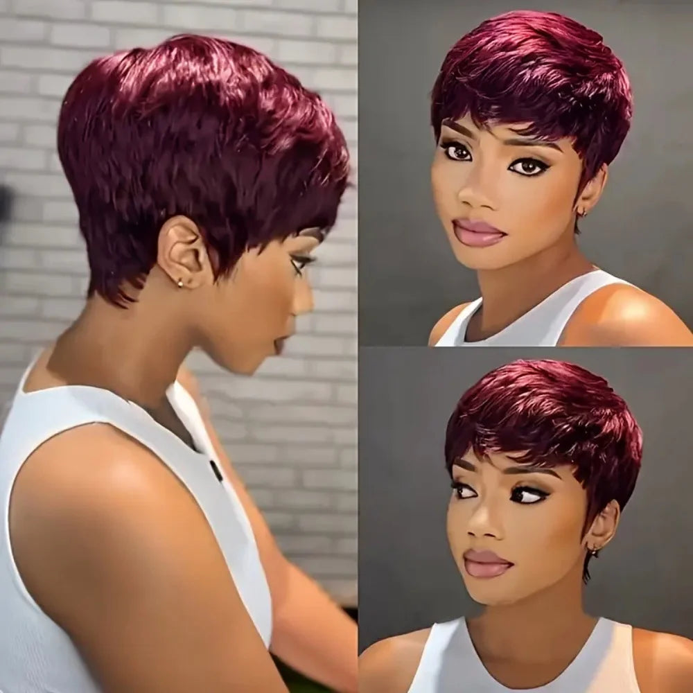 6-Inch Burgundy Pixie Cut Human Hair Wig with Bangs