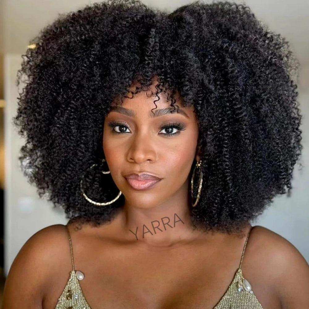 Afro Kinky Curly Human Hair Wigs With Bangs For Black Women Brazilian 100% Human Hair Remy Full Machine Made Hair 180% Density