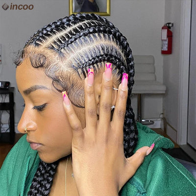 Synthetic Cornrow Braided Wigs Jumbo Full Lace Pigtails Wigs For Women Girls 20Inch Knotless Box Braided Lace Wig With Baby Hair