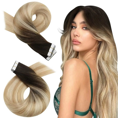 Moresoo Tape in Hair Extensions Balayage Remy Real Human Hair for Women Invisible Seamless PU Skin Weft Straight Hair Tape ins