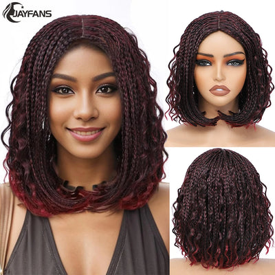 12”Braided Wigs for Black Women Heat Resistant Soft Short Bob Box Braided Wig Half Curly African American Braided Wigs Daily Use