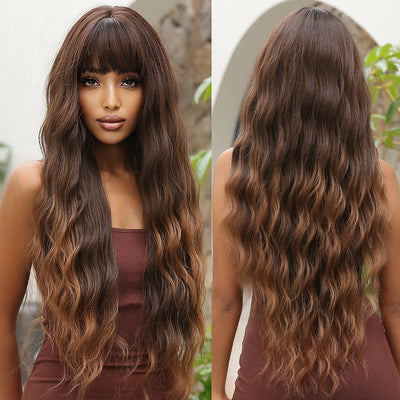 Long Curly Wine Burgundy Red Synthetic Wigs with Long Bangs for Women Afro Deep Wave Cosplay Party Natural Hair Heat Reisitant