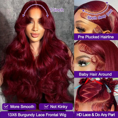 13x6 Lace Front Wigs Human Hair 200% Density 99j Burgundy Lace Front Wigs Human Hair 28 inch Body Wave Lace Front Wigs Brazilian