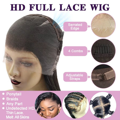 Straight Human Hair Real Full Lace Wig 200 Density Human Hair Wigs Preplucked HD 360 Full Lace Wig Bone Straight Lace Front Wig