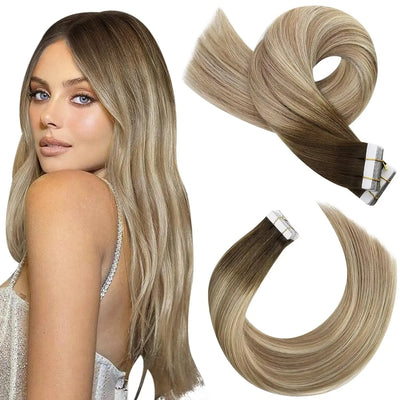 Moresoo Tape in Hair Extensions Balayage Remy Real Human Hair for Women Invisible Seamless PU Skin Weft Straight Hair Tape ins