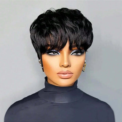 Short Bob Wig ForWomen Pixie Cut Wigs Glueless Wig None Lace Front Wig With Bangs Natural Black Straight Synthetic Wig