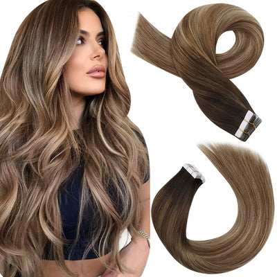 Moresoo Tape in Hair Extensions Balayage Remy Real Human Hair for Women Invisible Seamless PU Skin Weft Straight Hair Tape ins
