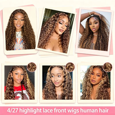 180 200 250 Density Deep Wave Human Hair Wig for Women 4/27 Highlight 13x4 HD Lace Frontal Human Hair Wig 5x5 HD Lace Closure Wig