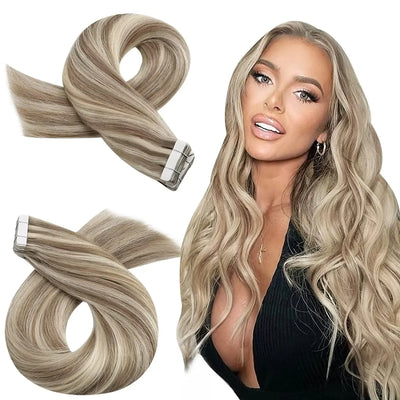 Moresoo Tape in Hair Extensions Balayage Remy Real Human Hair for Women Invisible Seamless PU Skin Weft Straight Hair Tape ins
