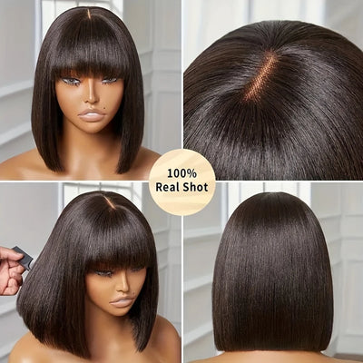 Short Bob 3x1 Lace Scalp Wigs With Bangs 180% Density Short Straight Fringe Wigs For Black Women Brazilian Remy Human Hair
