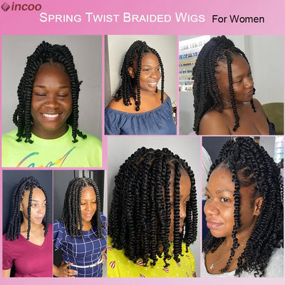 Synthetic Full Lace Braided Wigs Spring Twist Wig Short Bob Knotless Box Braids For Black Afro Women 12'' Passion Twist Braids