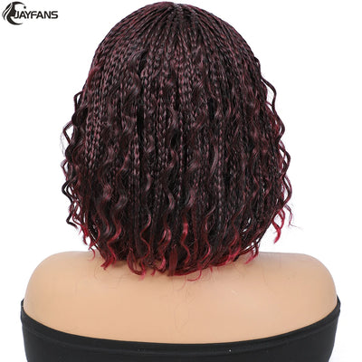 12”Braided Wigs for Black Women Heat Resistant Soft Short Bob Box Braided Wig Half Curly African American Braided Wigs Daily Use