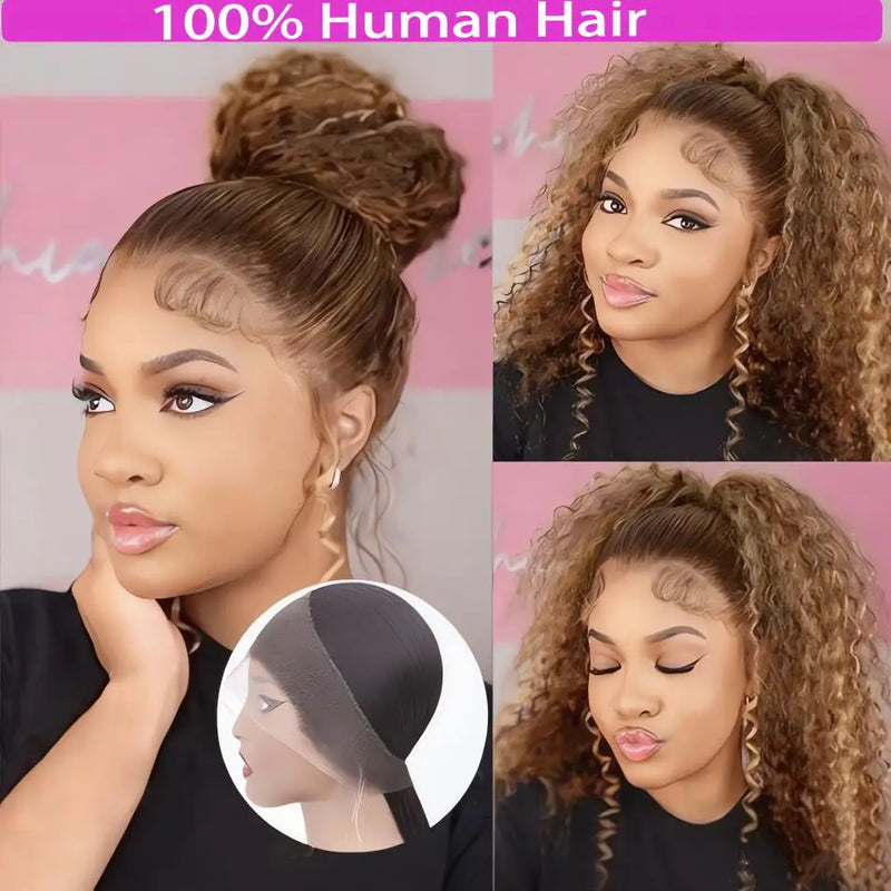 200 Density Invisible Strap Highlight Curly 360 Full Hd Lace Front Wig Honey Blonde Deep Wave Frontal Glueless Wig Human Hair