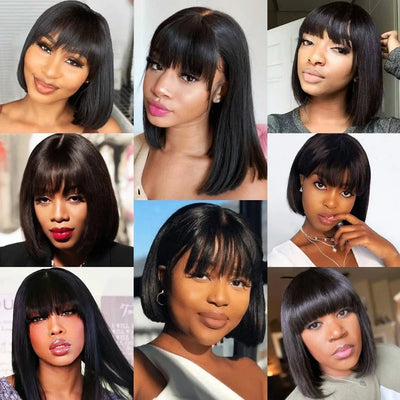 Short Bob 3x1 Lace Scalp Wigs With Bangs 180% Density Short Straight Fringe Wigs For Black Women Brazilian Remy Human Hair