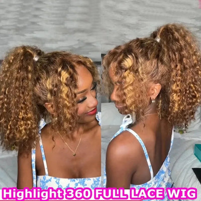 Highlight Wig Human Hair 360 Full Lace Wig 13X6 Hd Lace Frontal Wig Bob Curly Deep Wave Wig 427 Honey Blonde Colored 250 Density