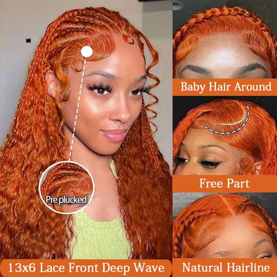 30 36 Inch Ginger Hd Lace Wig 13X6 Human Hair Deep Wave Frontal Wig Curly Lace Front Wig Colored Brazilian 250 Density For Women