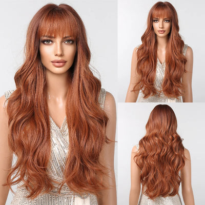 Long Curly Wine Burgundy Red Synthetic Wigs with Long Bangs for Women Afro Deep Wave Cosplay Party Natural Hair Heat Reisitant
