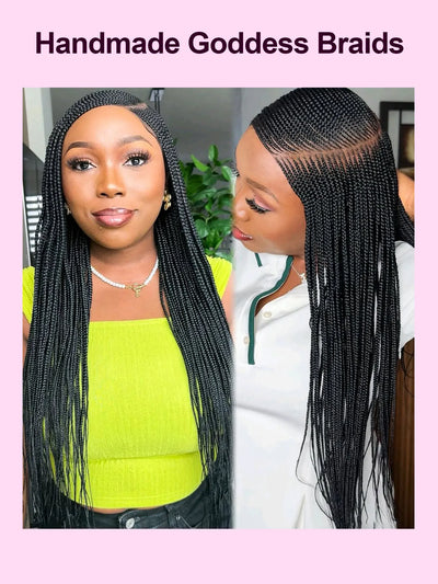 Goddess 36'' Cornrow Braided Wigs For Women 1B Full Lace Frontal Box Braid Wig Synthetic Long Side Part Afro Knotless Braids Wig