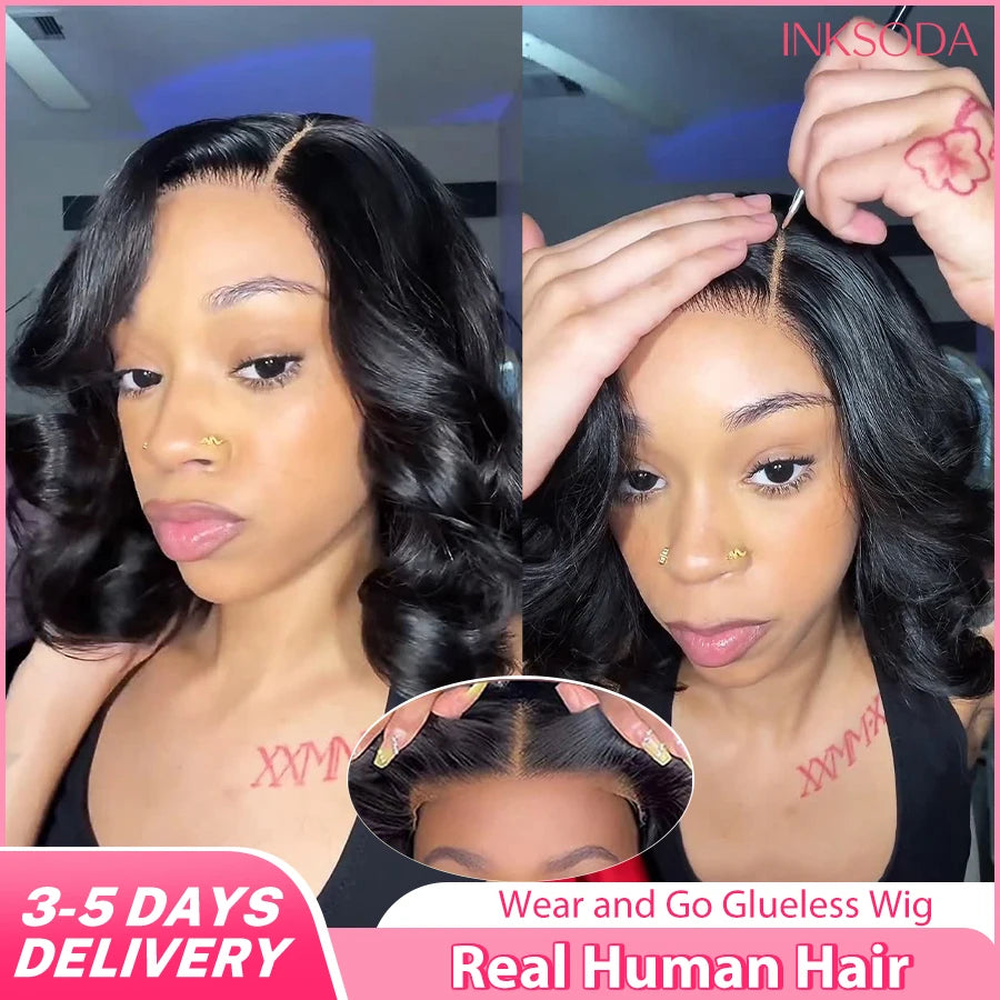 16Inch Wear And Go Glueless Bob Wig Human Hair Short Body Wave Lace Front Wigs Pre Cut Brazilian Hair 4x4 5X5 HD Lace Closure Wig For Women Short Bob Glueless Body wave Human Hair Wig  220% Density Pre-Plucked No Lace Front C