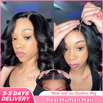 16Inch Wear And Go Glueless Bob Wig Human Hair Short Body Wave Lace Front Wigs Pre Cut Brazilian Hair 4x4 5X5 HD Lace Closure Wig For Women Short Bob Glueless Body wave Human Hair Wig  220% Density Pre-Plucked No Lace Front C