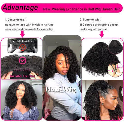 Upgrade 3 IN 1 Half Wig With Drawstring Seamless Clip Ins Flip Over Kinky Curly Wig 200% Density Curly Half Wigs for Women hair